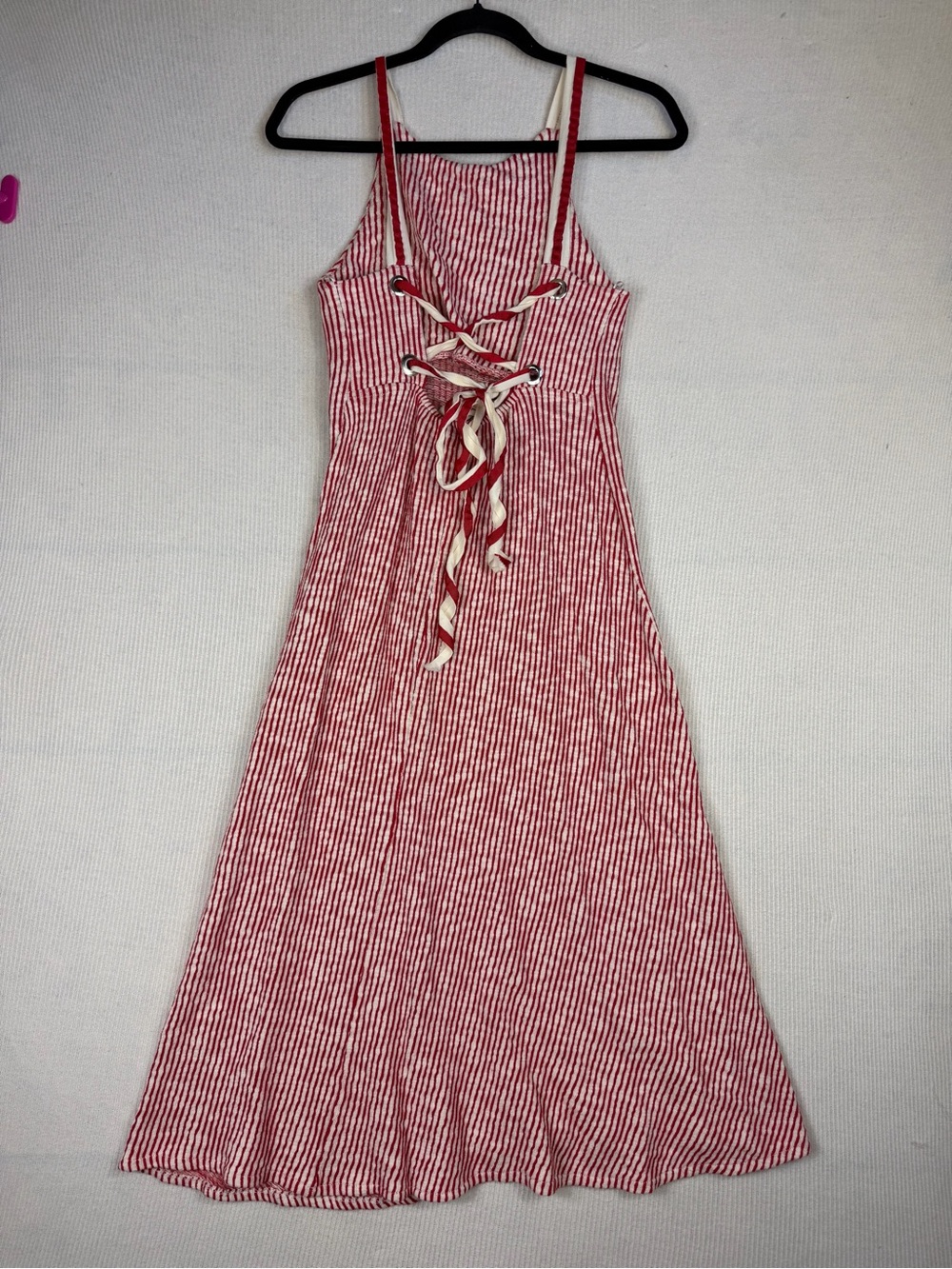 Zara Red White Striped Lace-Up Back Midi Dress Size Small Coastal Cottagecore - Picture 5 of 12
